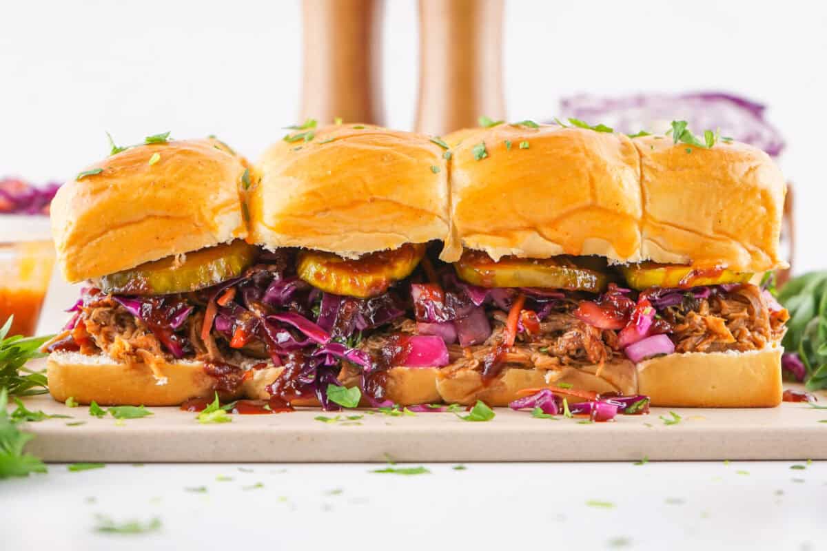 a row of bbq sliders from the side