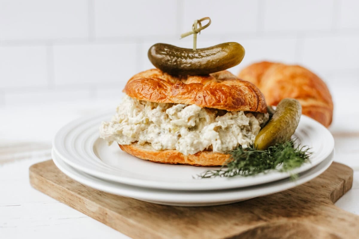 dill pickle chicken salad on a croissant