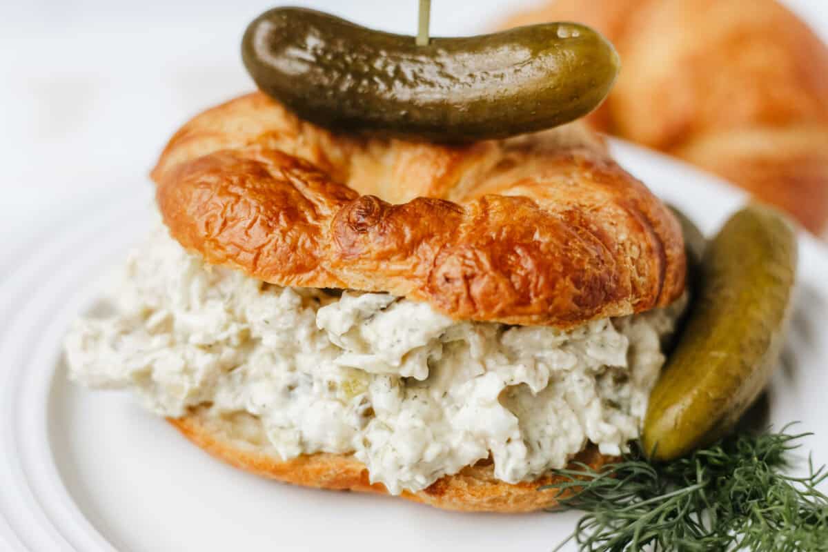 dill pickle chicken salad on a croissant with a dill pickle on top