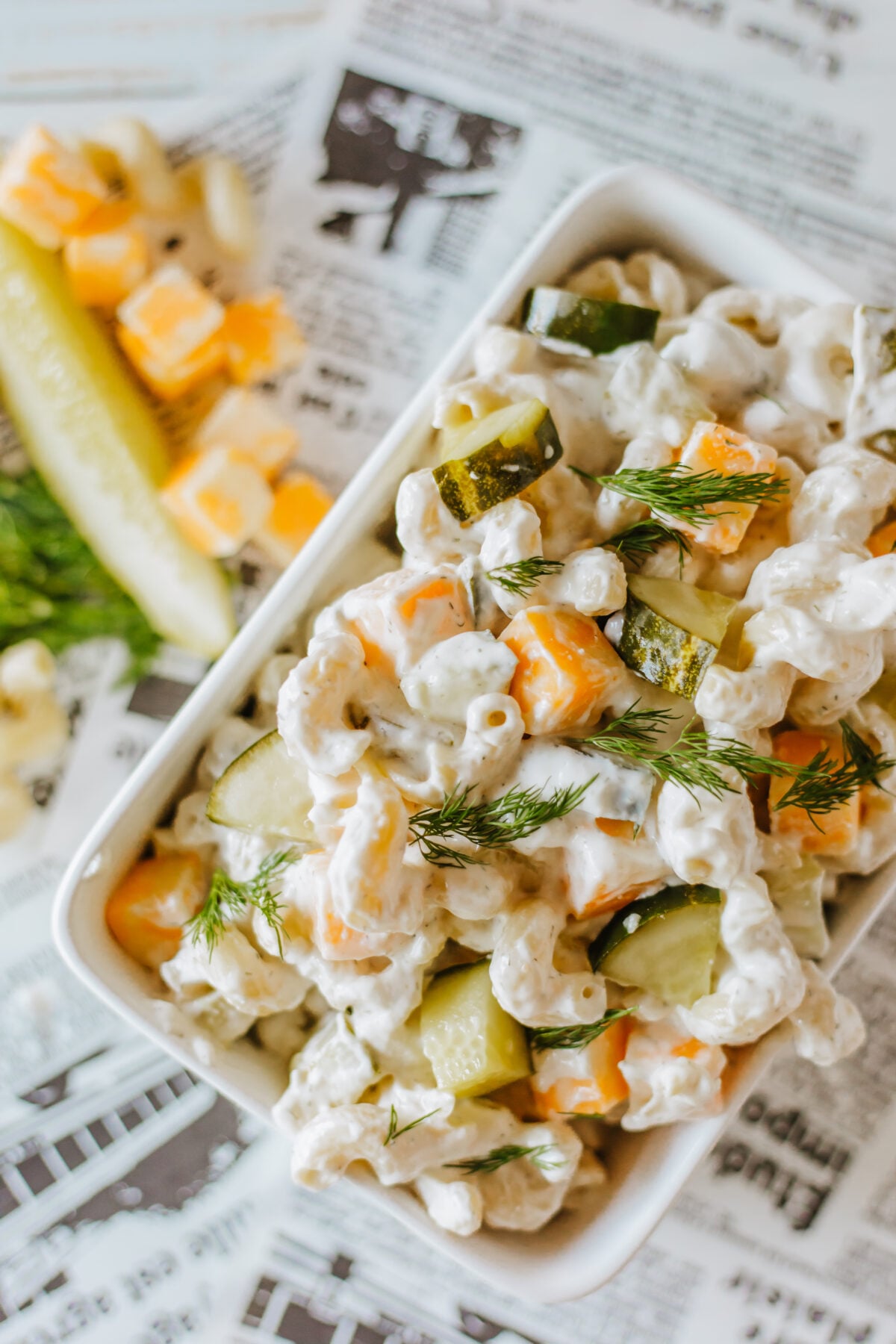 dill pickle pasta salad in a bowl