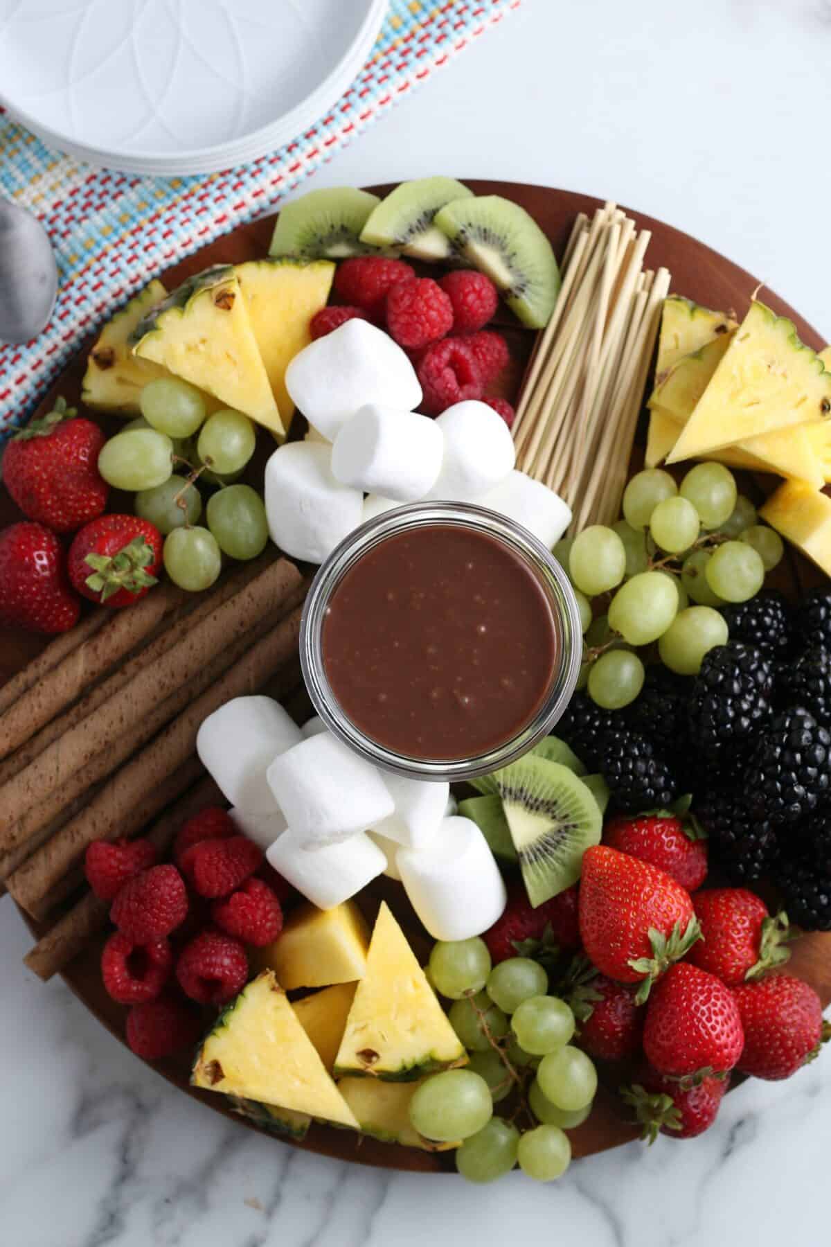 fruit platter with hot fudge