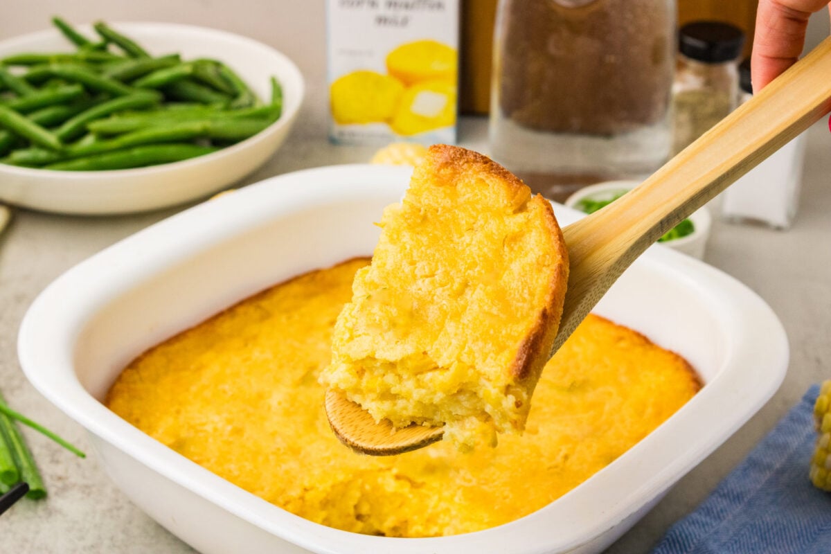 spoon of jiffy corn casserole