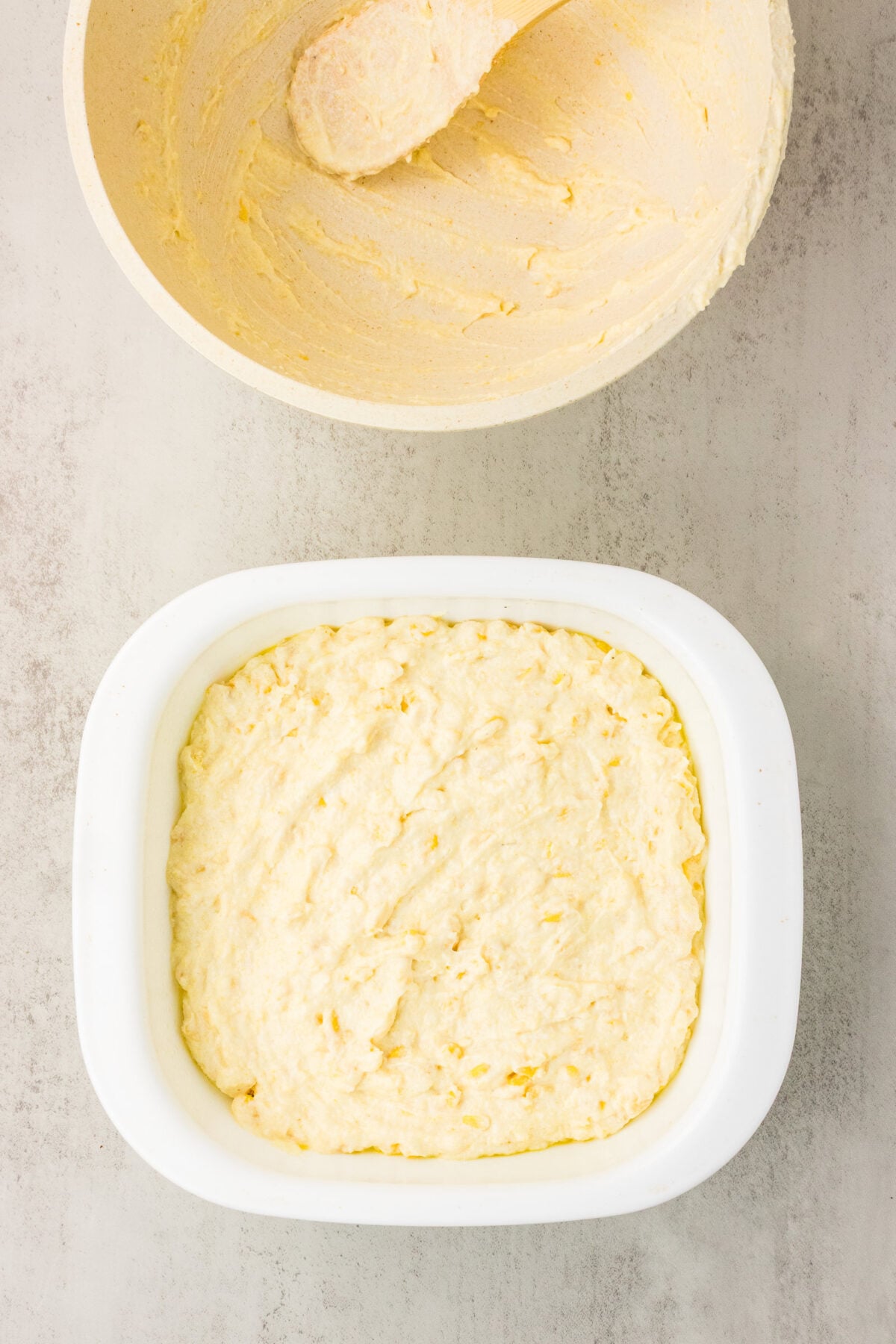 corn casserole batter in baking dish