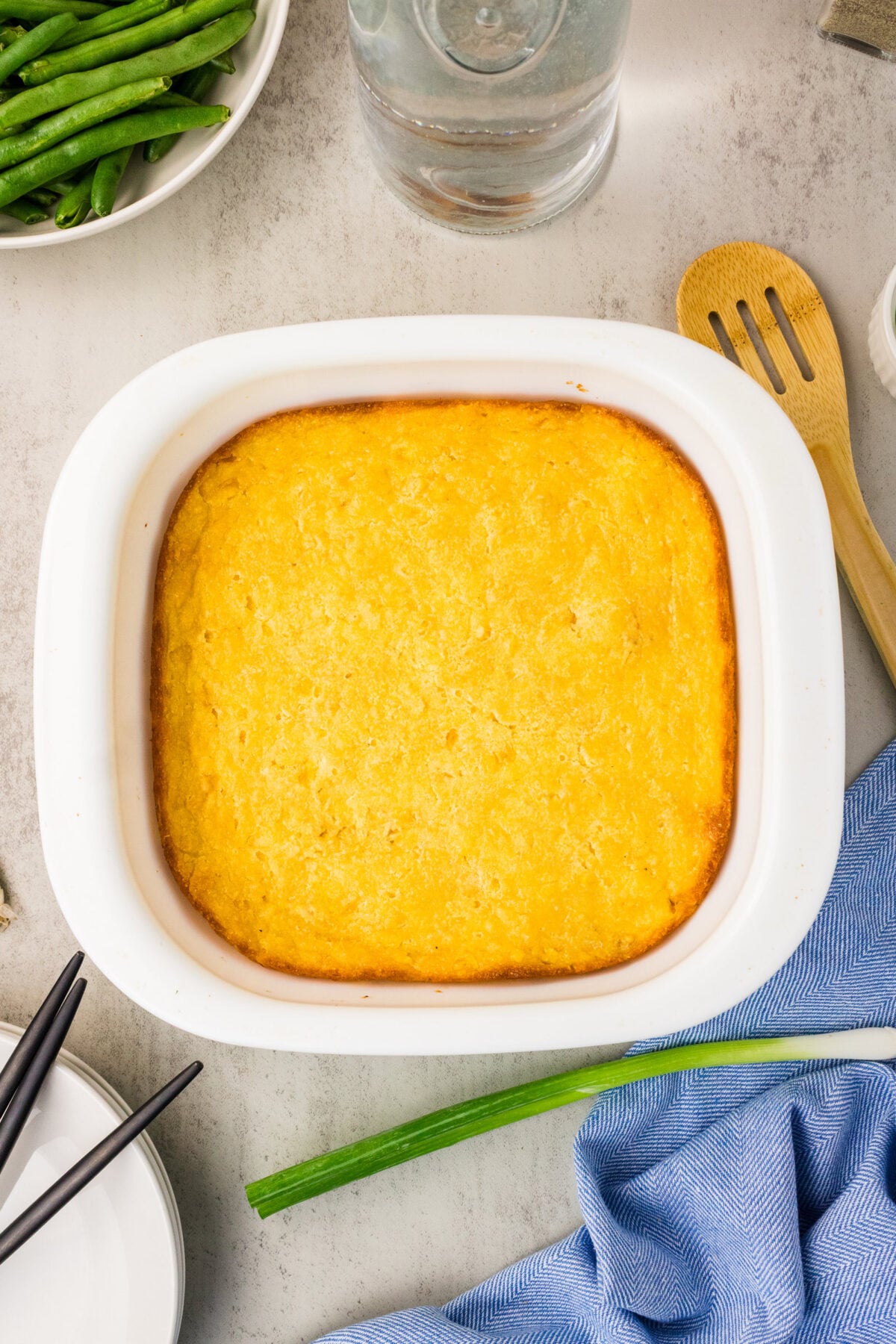 jiffy corn casserole baked in 8x8 dish