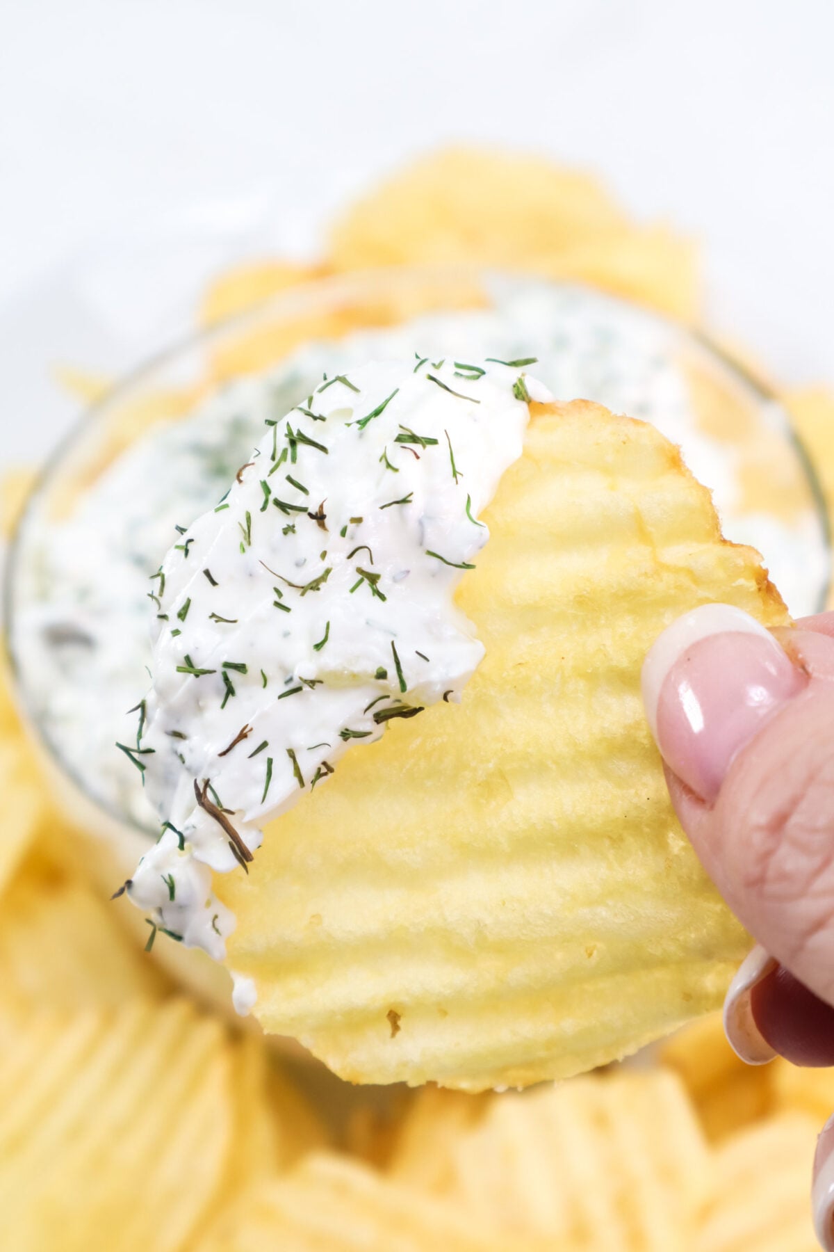 dill pickle dip on a chip