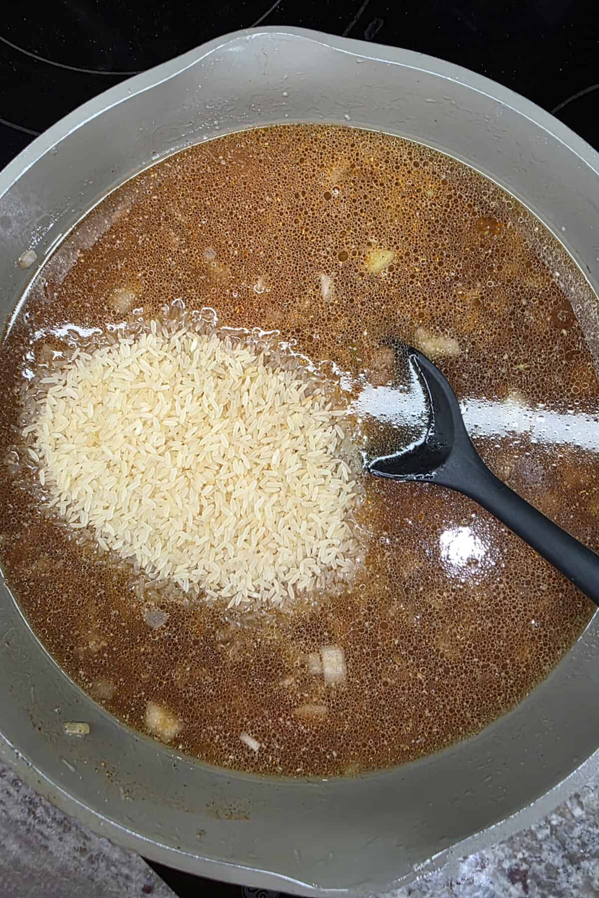 rice added to the skillet