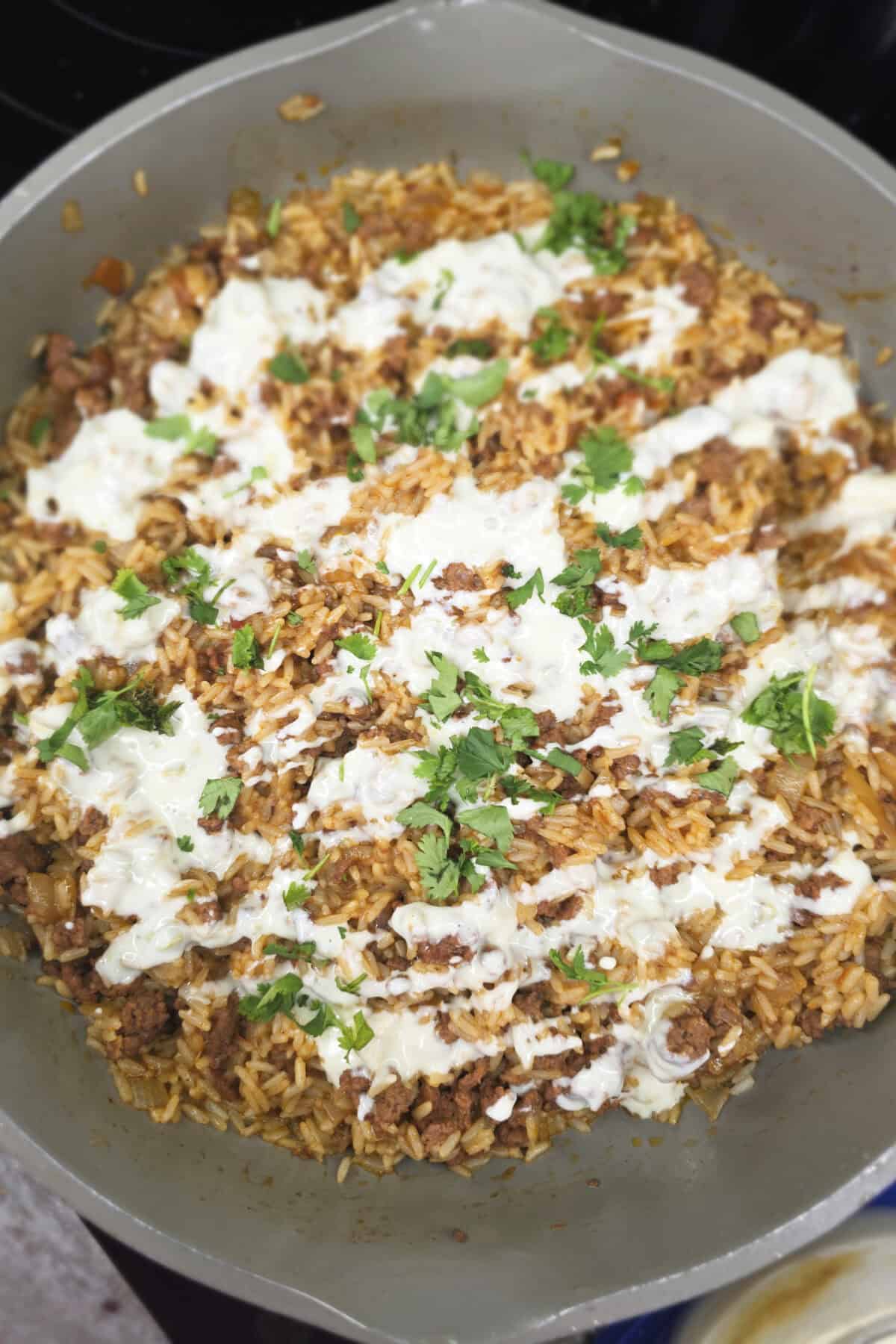 finished taco rice with queso and cilantro