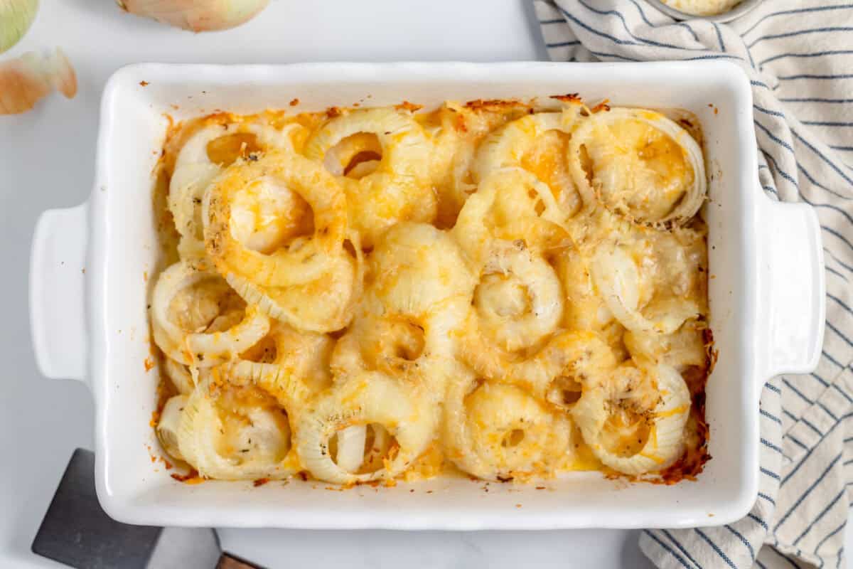 tennessee onions in a white casserole dish