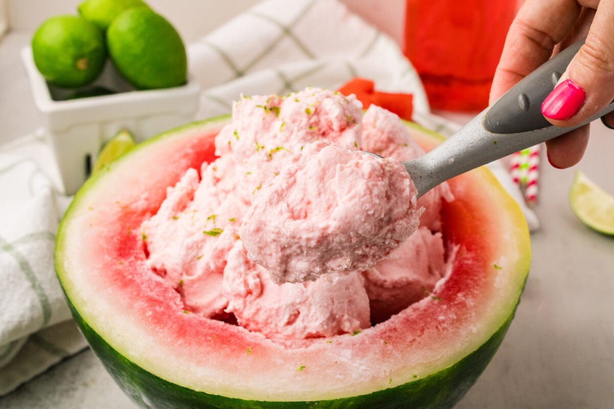 watermelon ice cream being scooped out