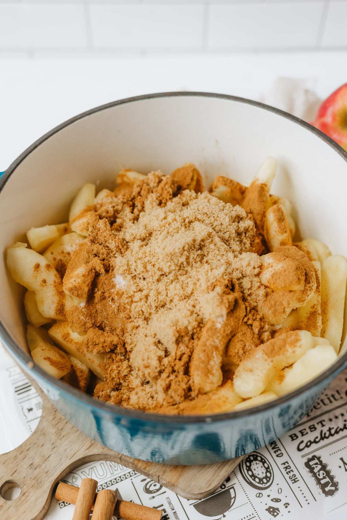 all other ingredients added to apples in the pot (lemon juice, water, sugar, brown sugar and cinnamon)