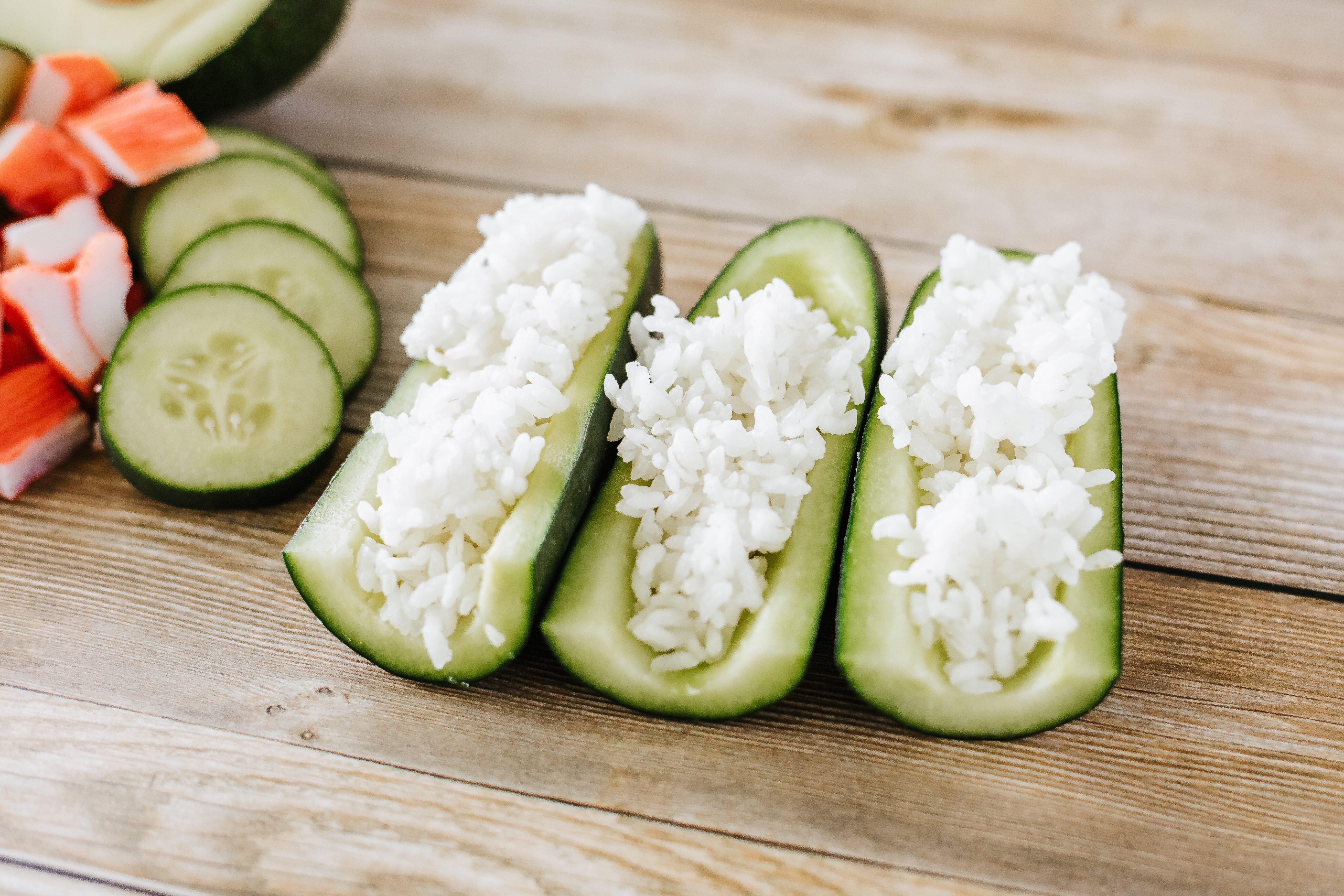cucumber boats filled with rice