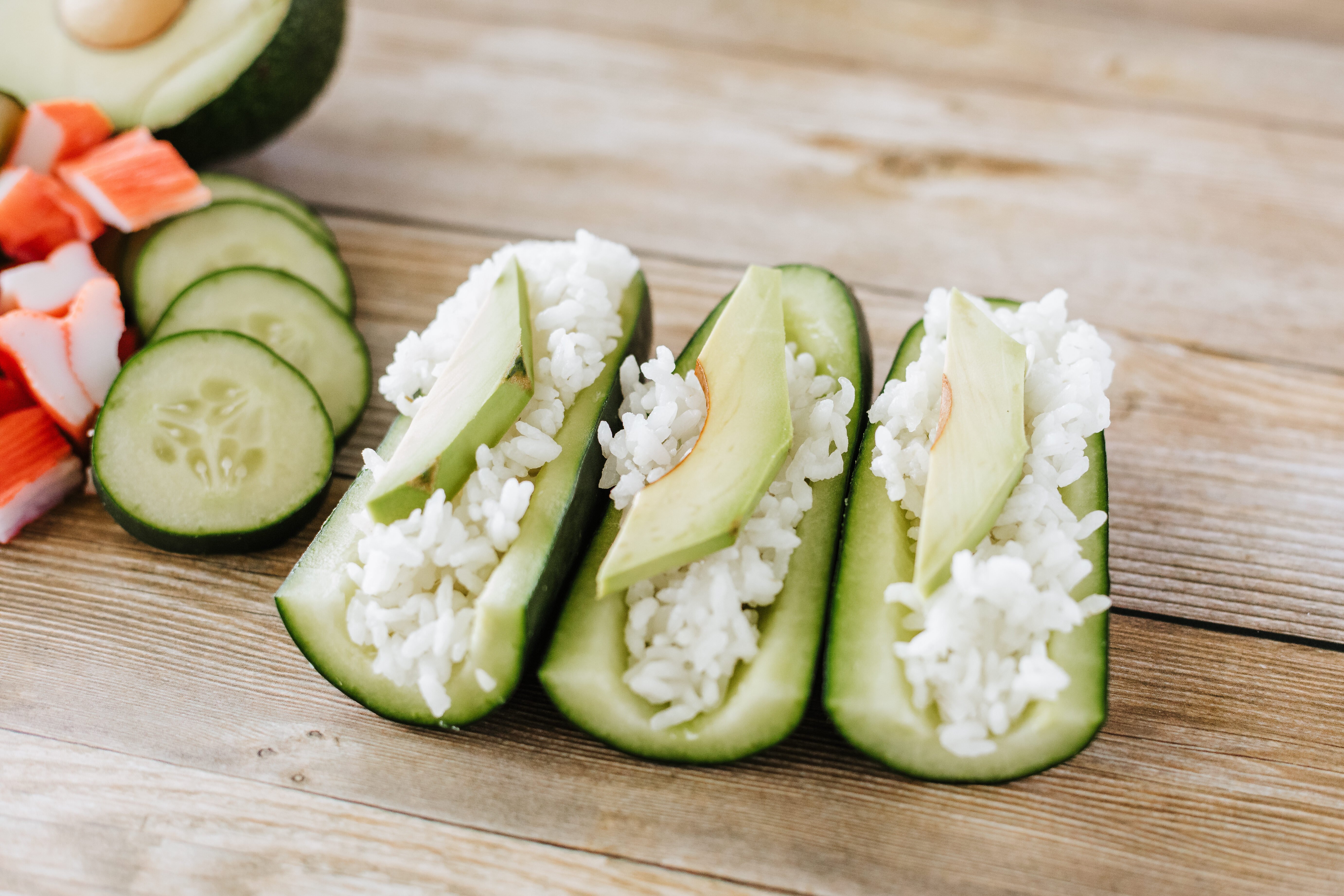 cucumber sushi boat with avocado