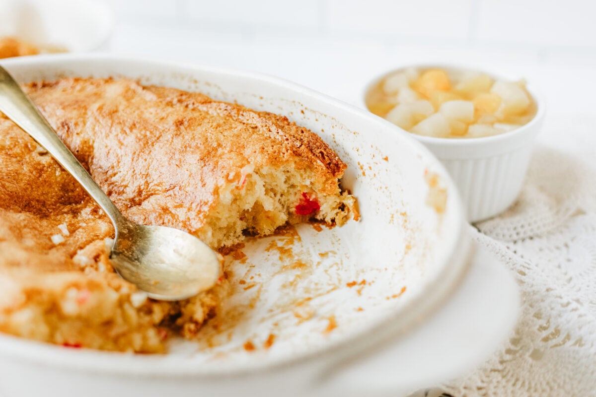dish of fruit cocktail cake half eaten