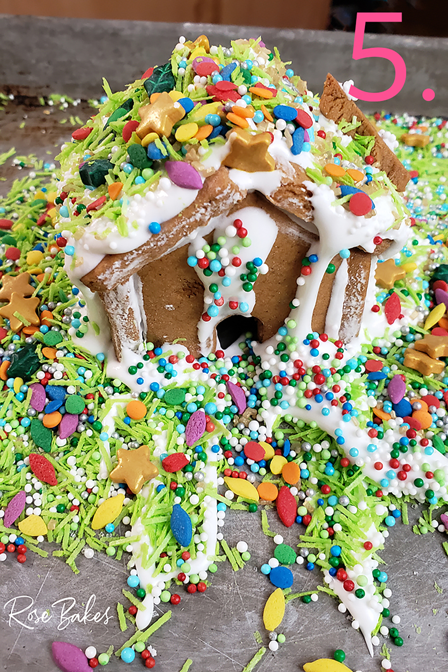 mini gingerbread house overloaded with sprinkles