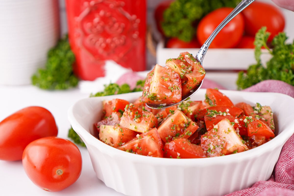 bowl of marinated tomatoes