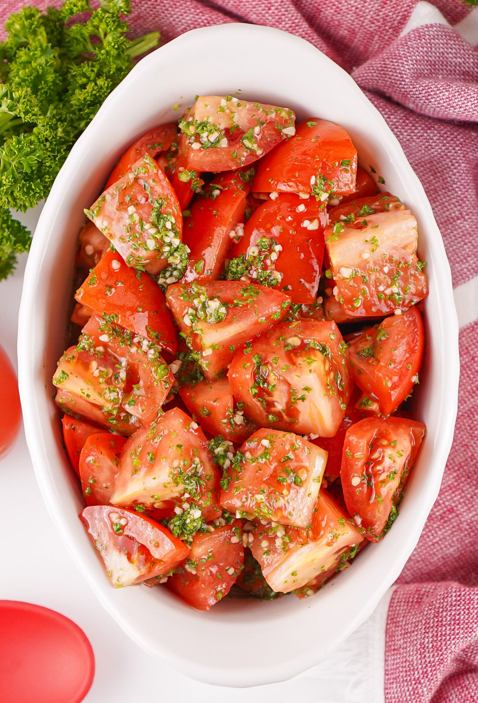 Marinated Tomatoes in a white dish