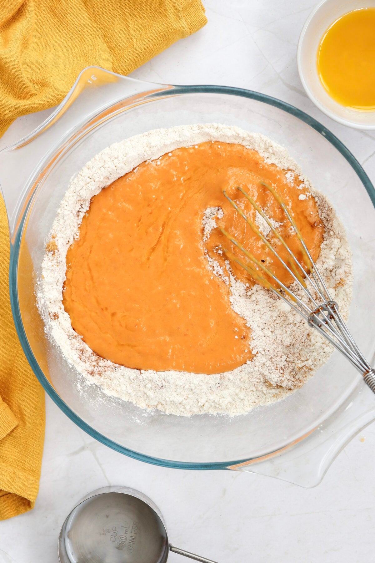 wet ingredients mixed with dry ingredients