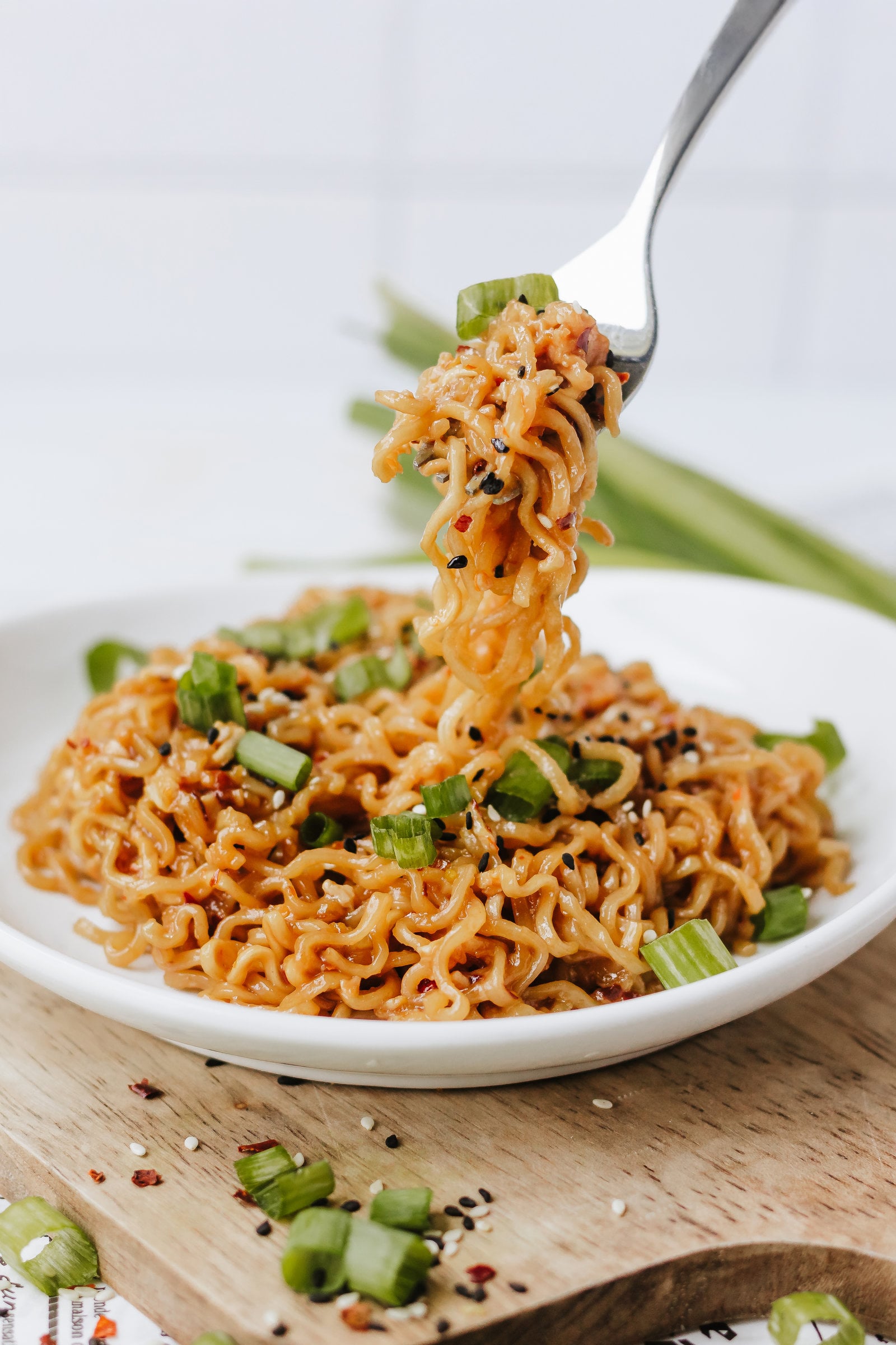 tiktok viral ramen with a forkful over the bowl