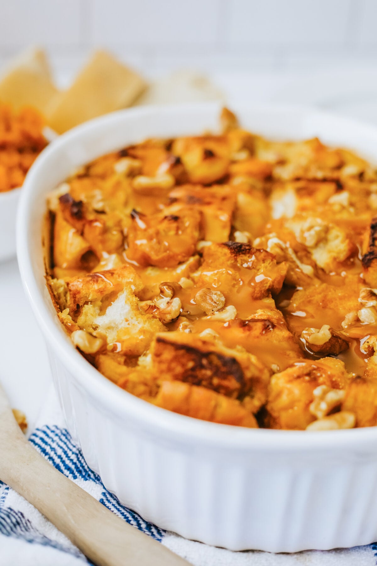 baking dish of pumpkin bread pudding