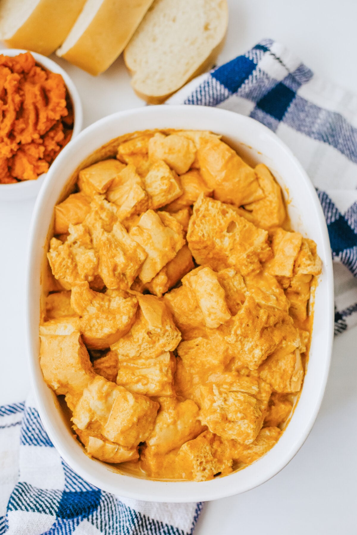 pumpkin bread pudding in a baking dish