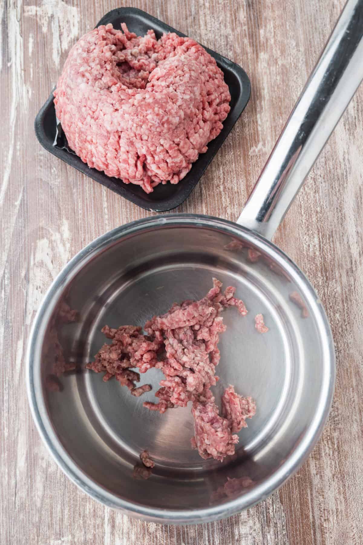 raw ground beef in a saucepan