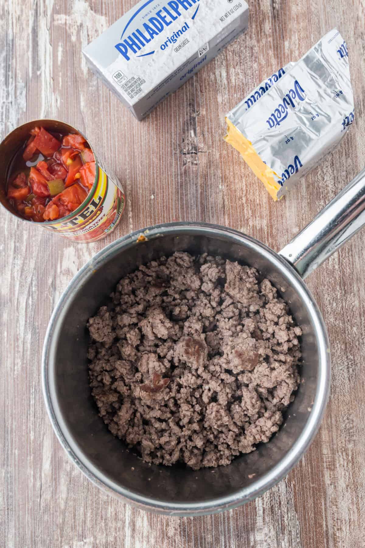 browned ground beef in a saucepan