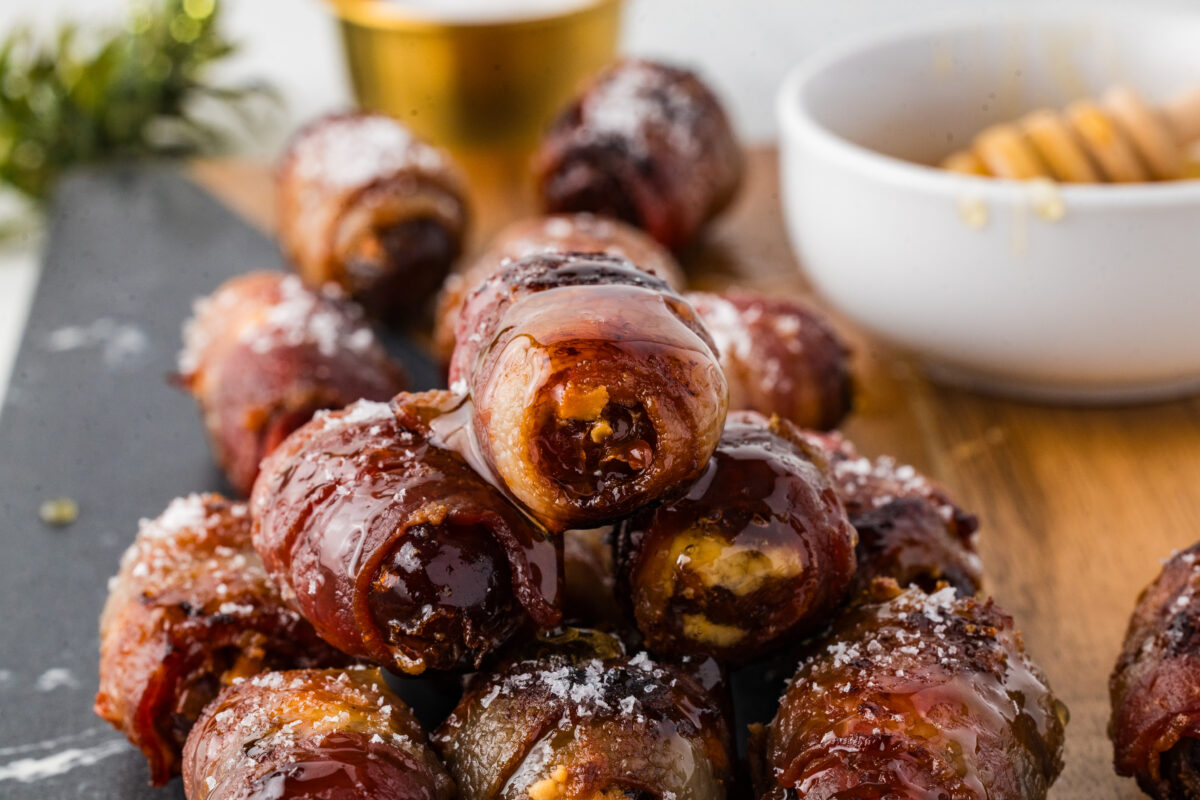 bacon-wrapped dates with honey and sea salt