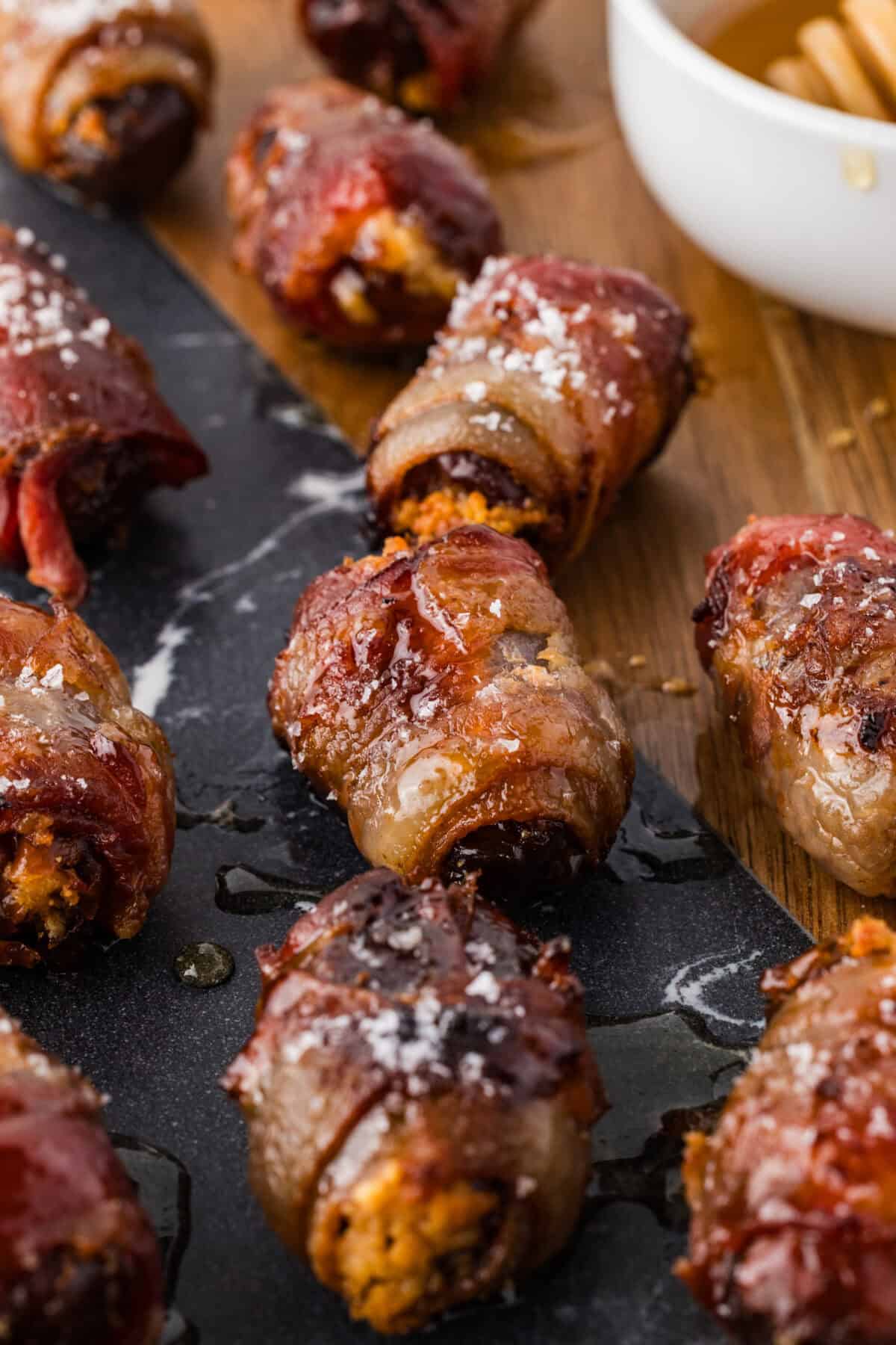 bacon wrapped dates with honey and sea salt