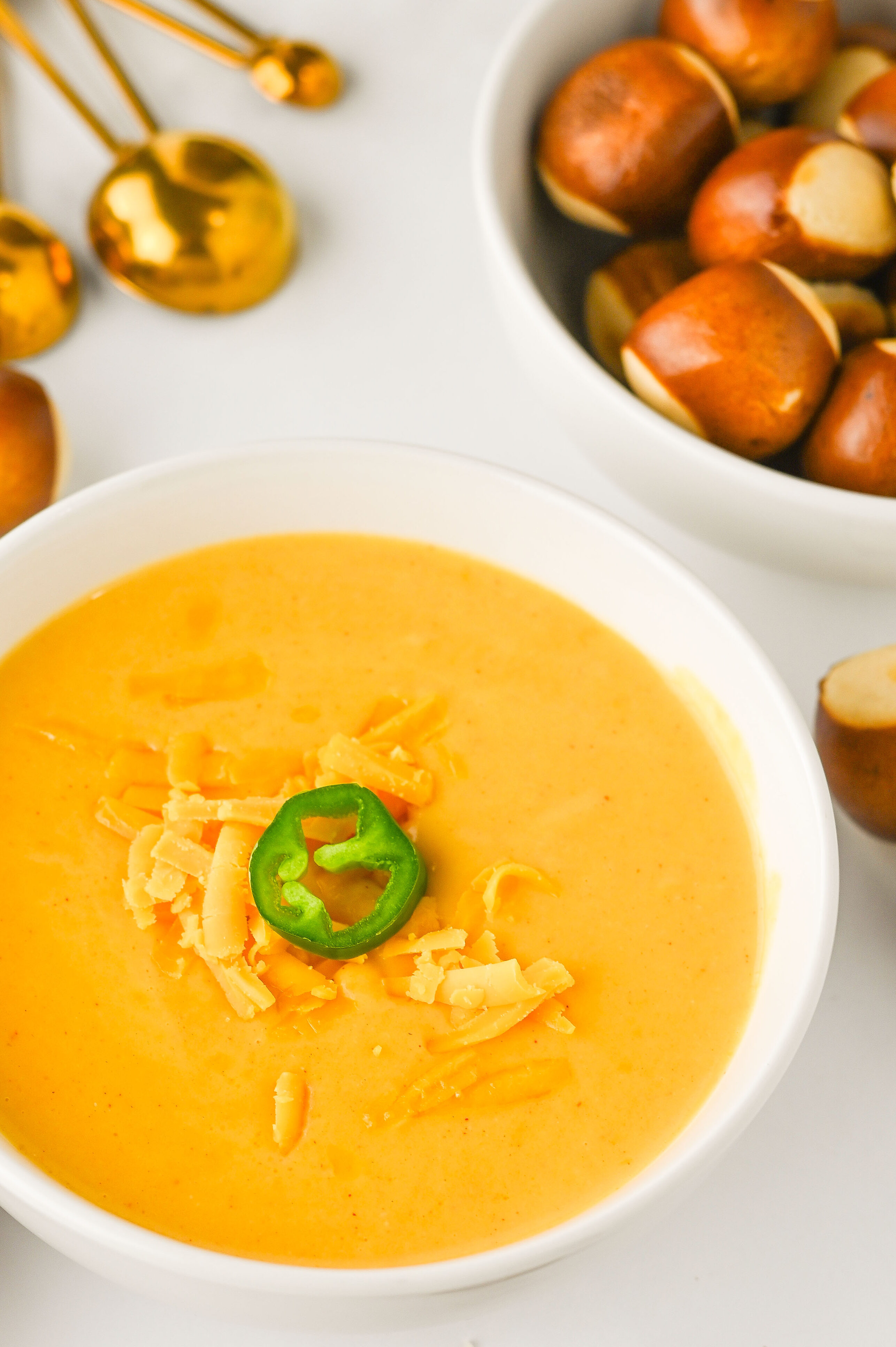 beer cheese in a white bowl