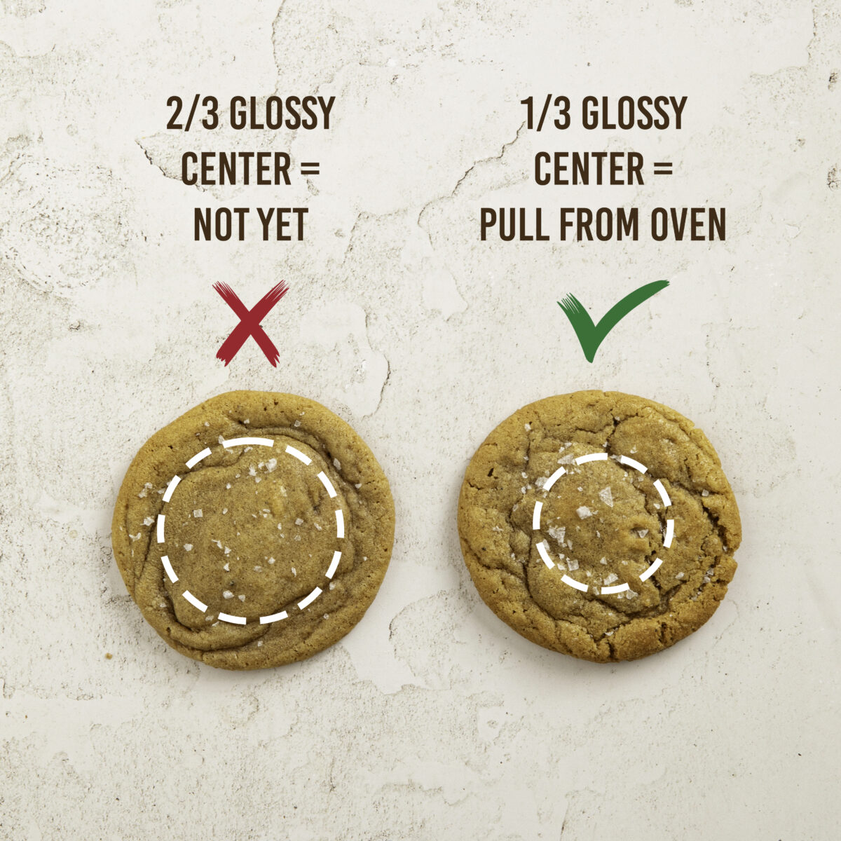 two cookies showing how one is perfectly baked and the other is underbaked