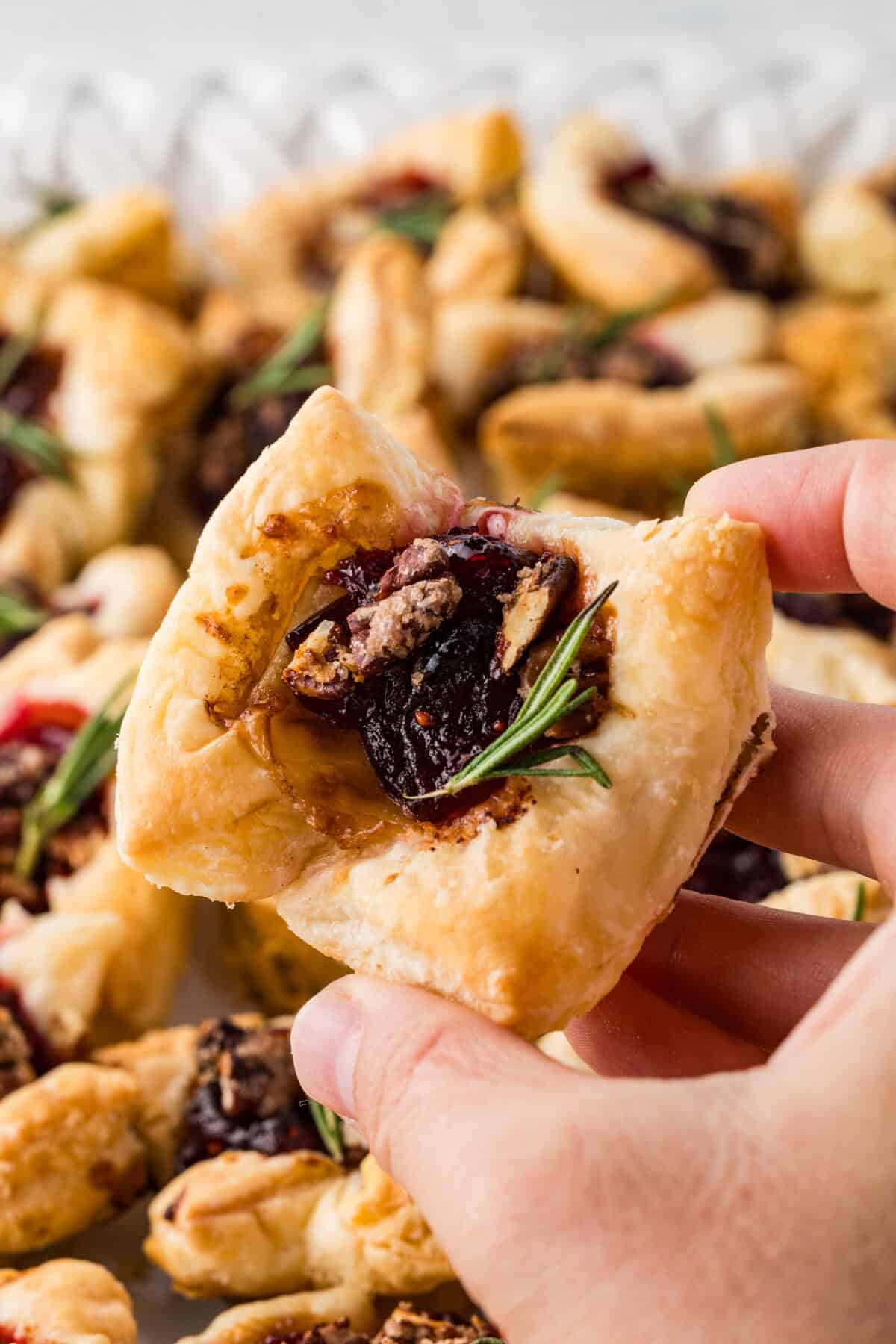 cranberry brie bites being held by a hand
