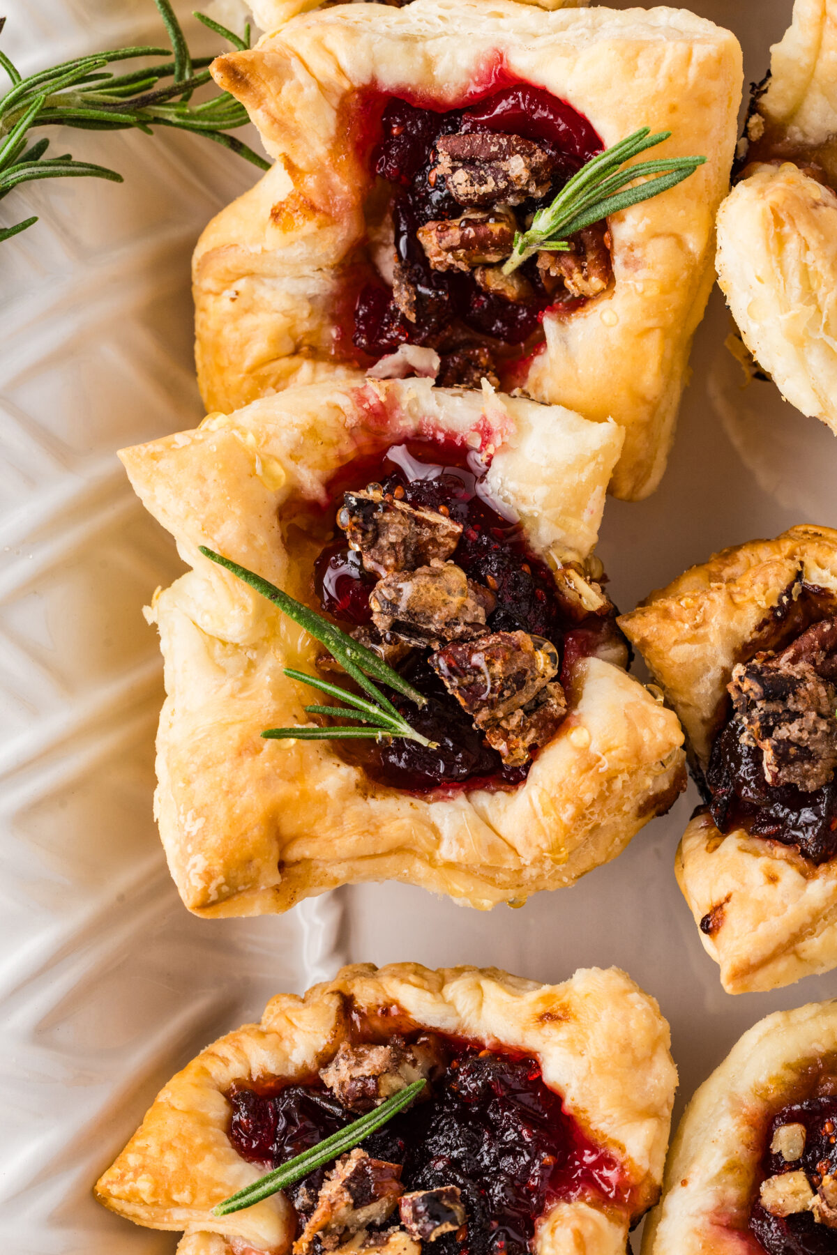 cranberry brie bites with spiced pecans and a sprig of rosemary