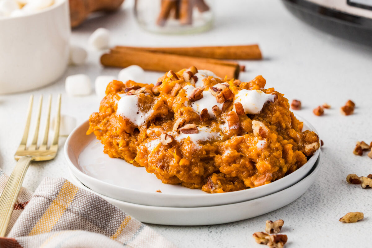 crockpot sweet potato casserole on a plate