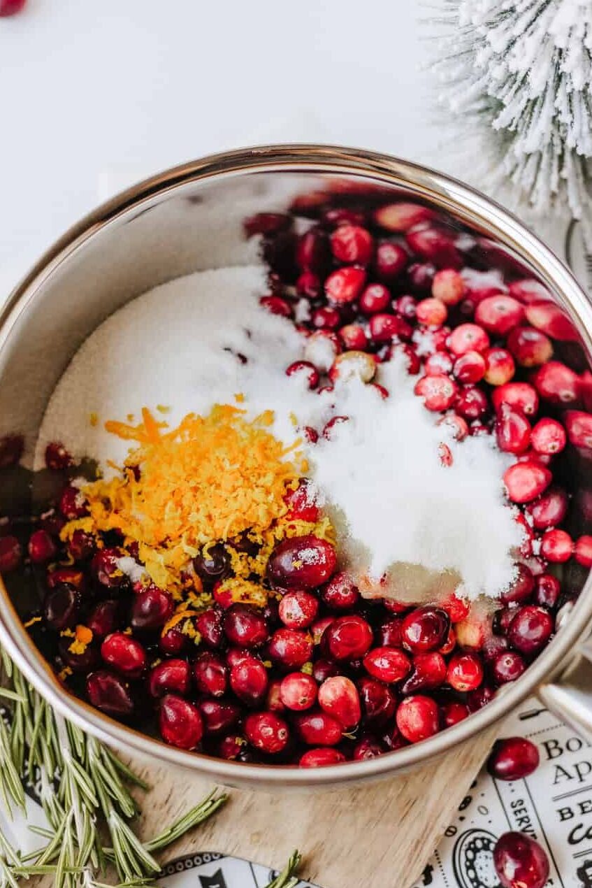 cranberry jam ingredients in a pot