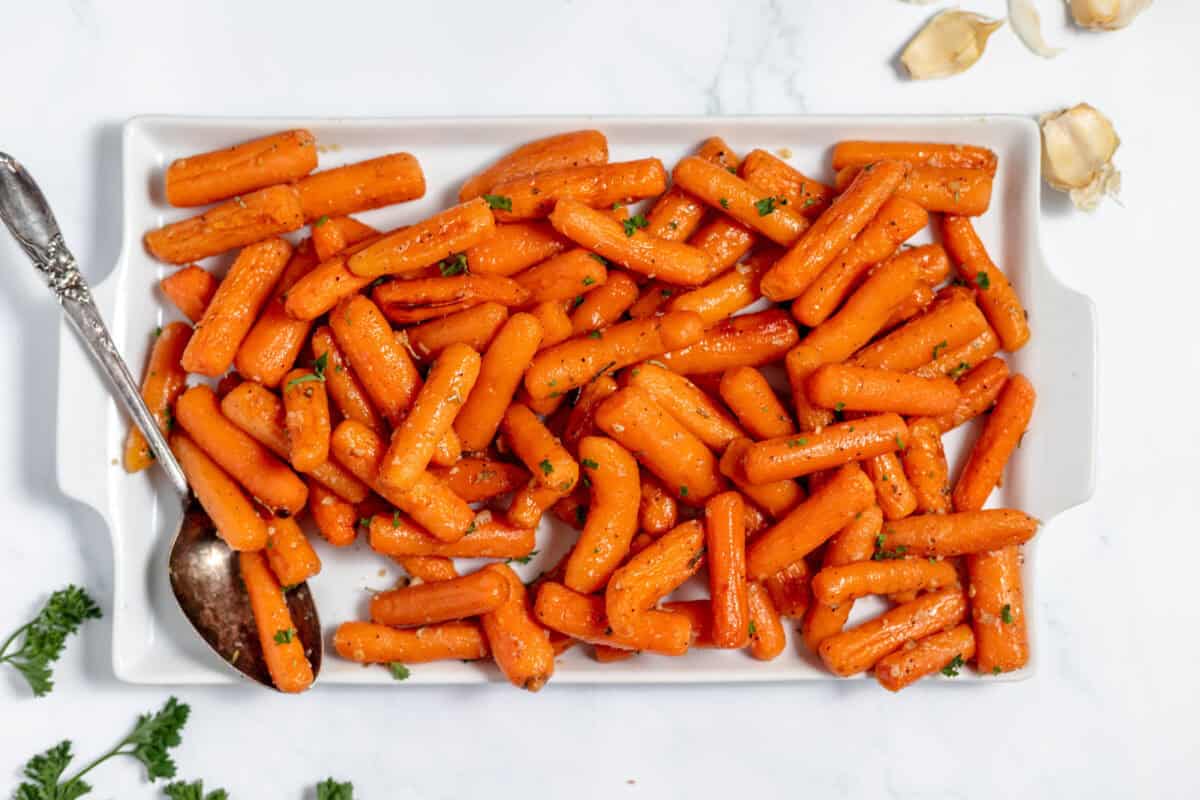 maple glazed carrots on a baking dish