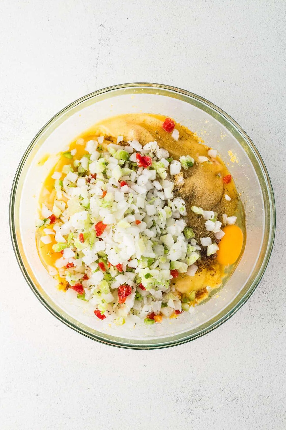 seasoning blend and other ingredients added to crumbled cornbread