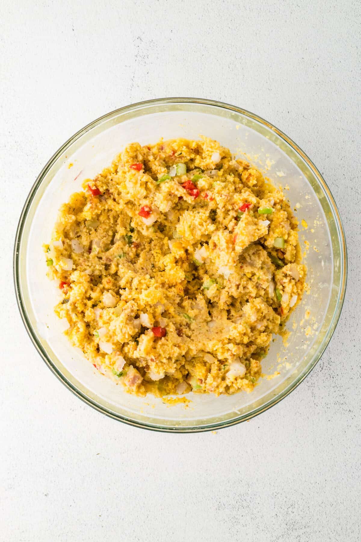 cornbread dressing mixture in a mixing bowl