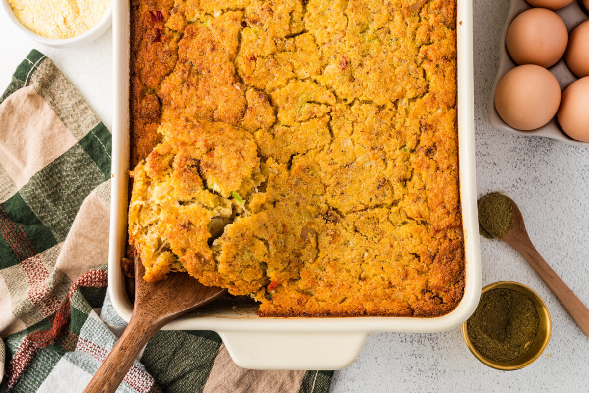 southern cornbread dressing in a baking dish