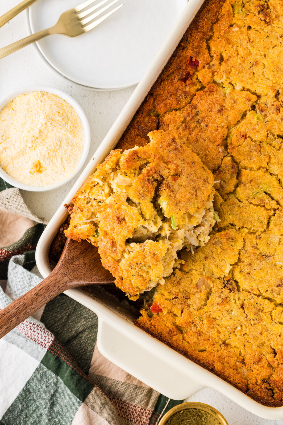southern cornbread dressing in a baking dish