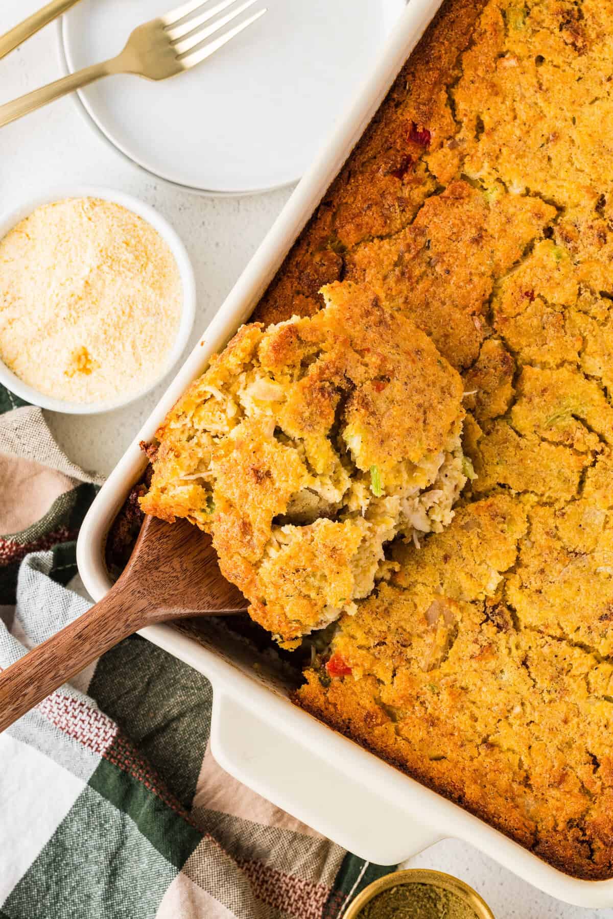 southern cornbread dressing in a baking dish