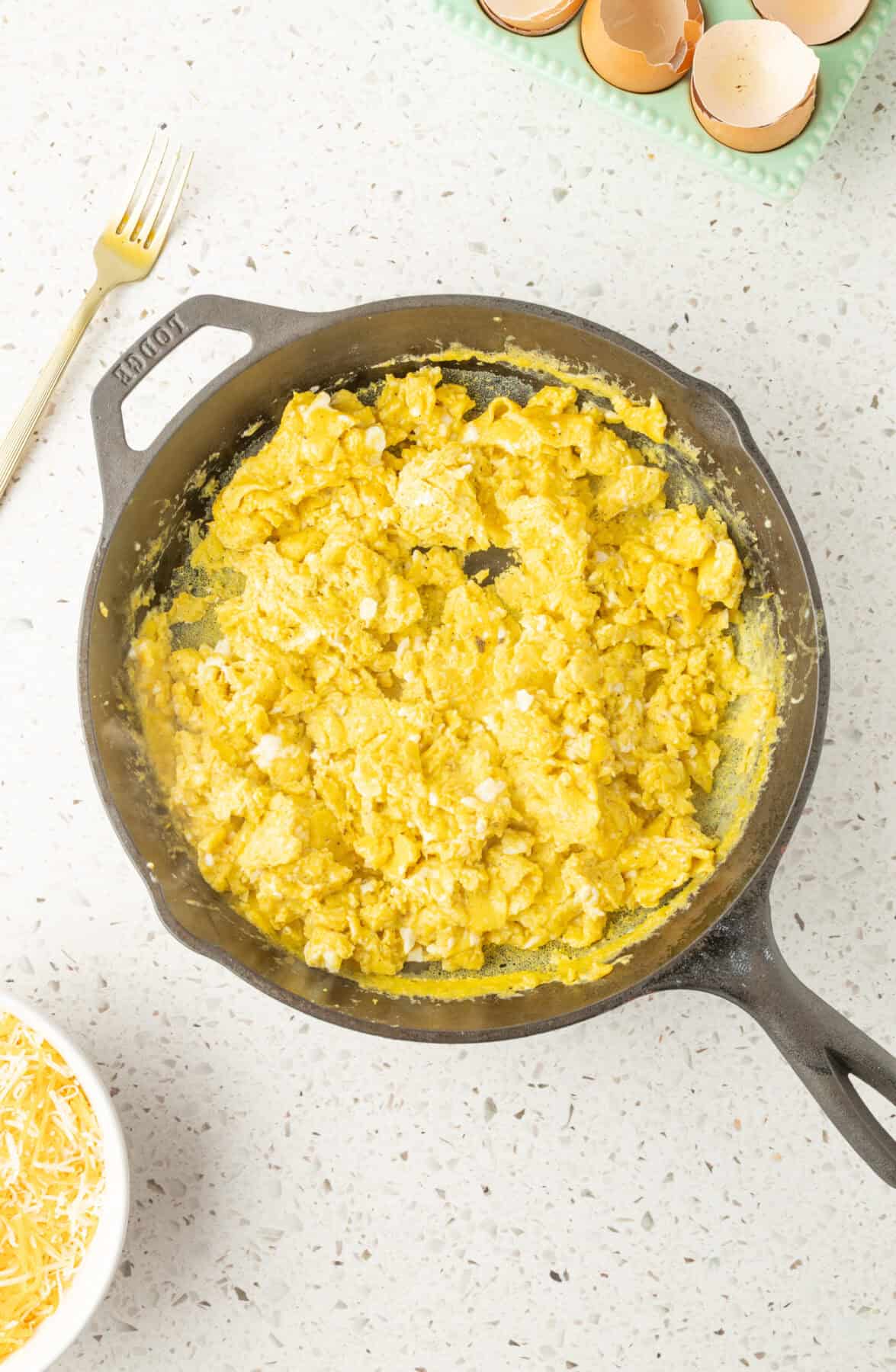scrambled eggs in a skillet