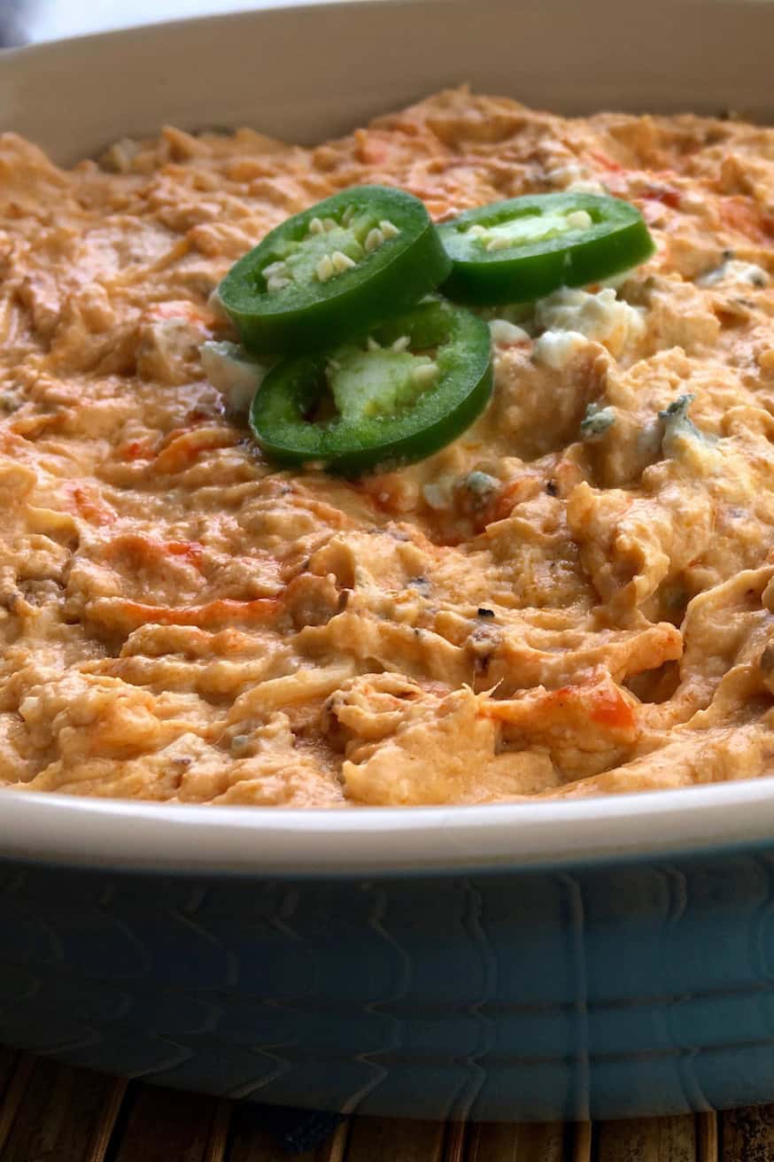 buffalo chicken dip with jalapeno on top