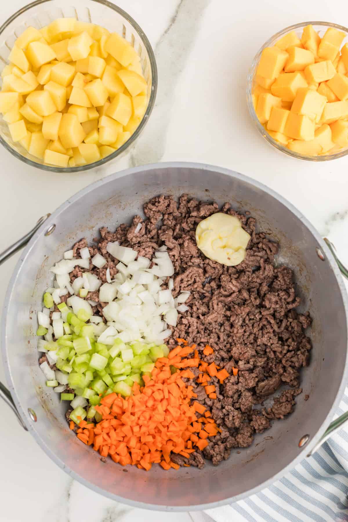 diced veggies added to cooked ground beef