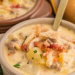 cheeseburger soup in a brown bowl