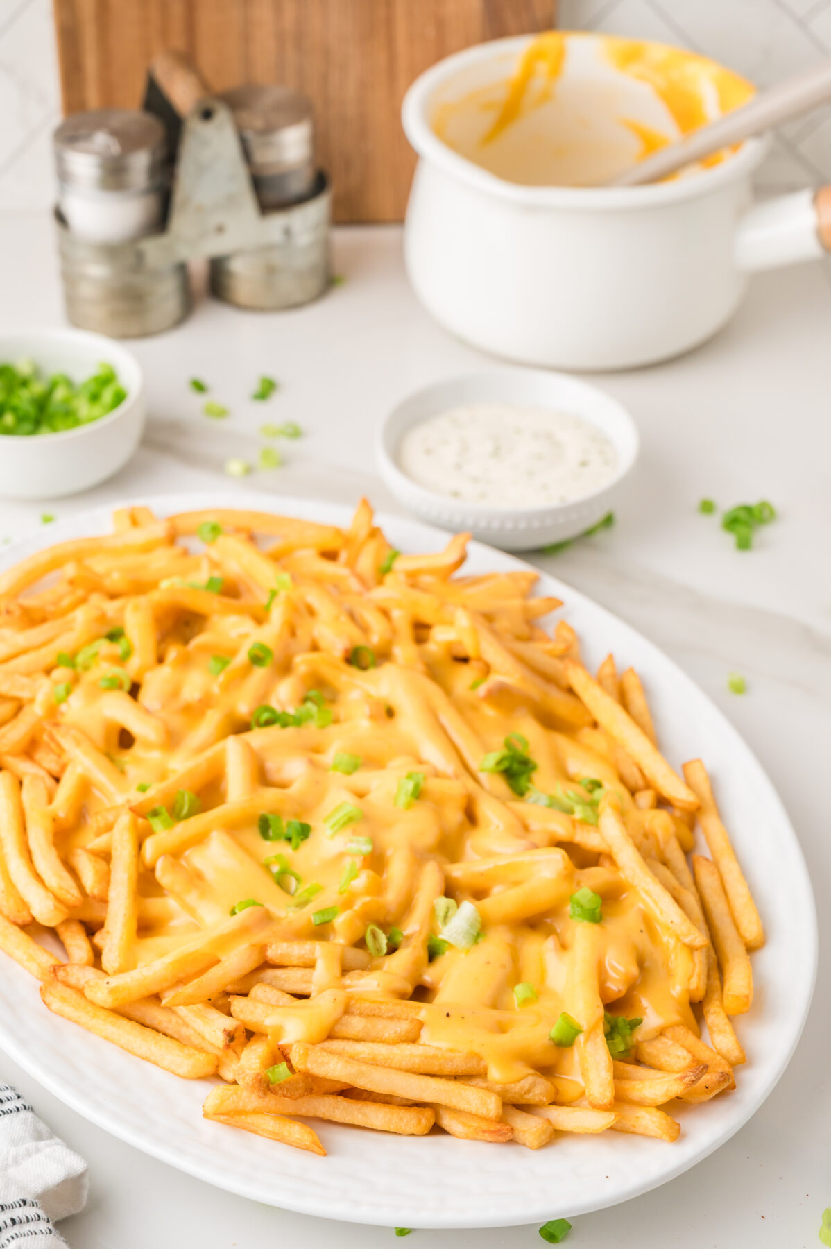 cheesy fries on a white platter