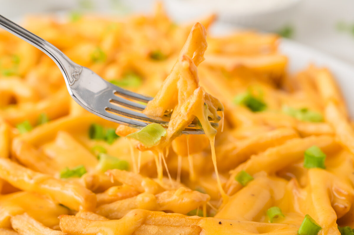 cheese fries on a fork above a pan of fries with cheese pull