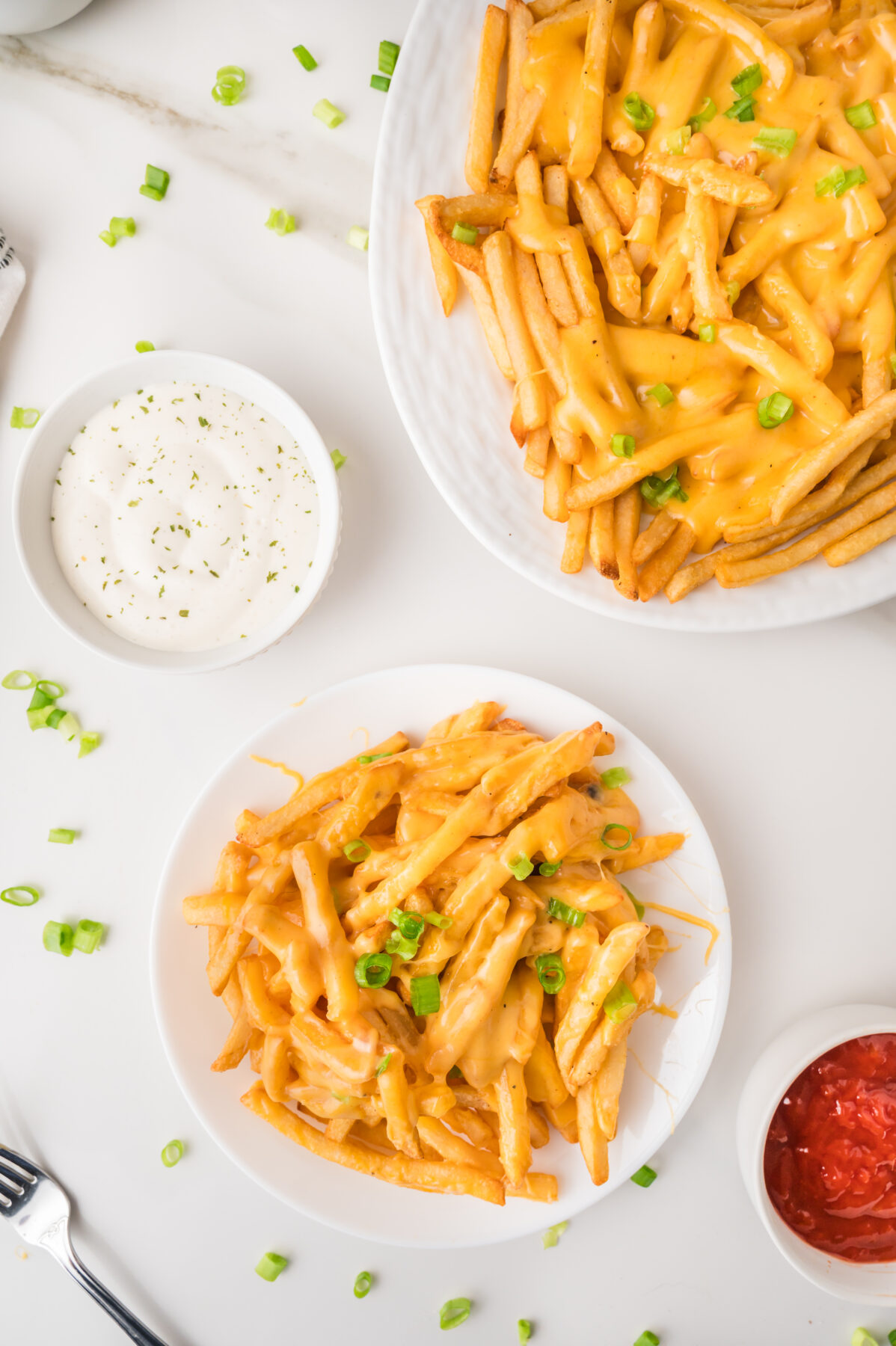 cheese fries on a plate with a bowl of ketchup next to it and a platter