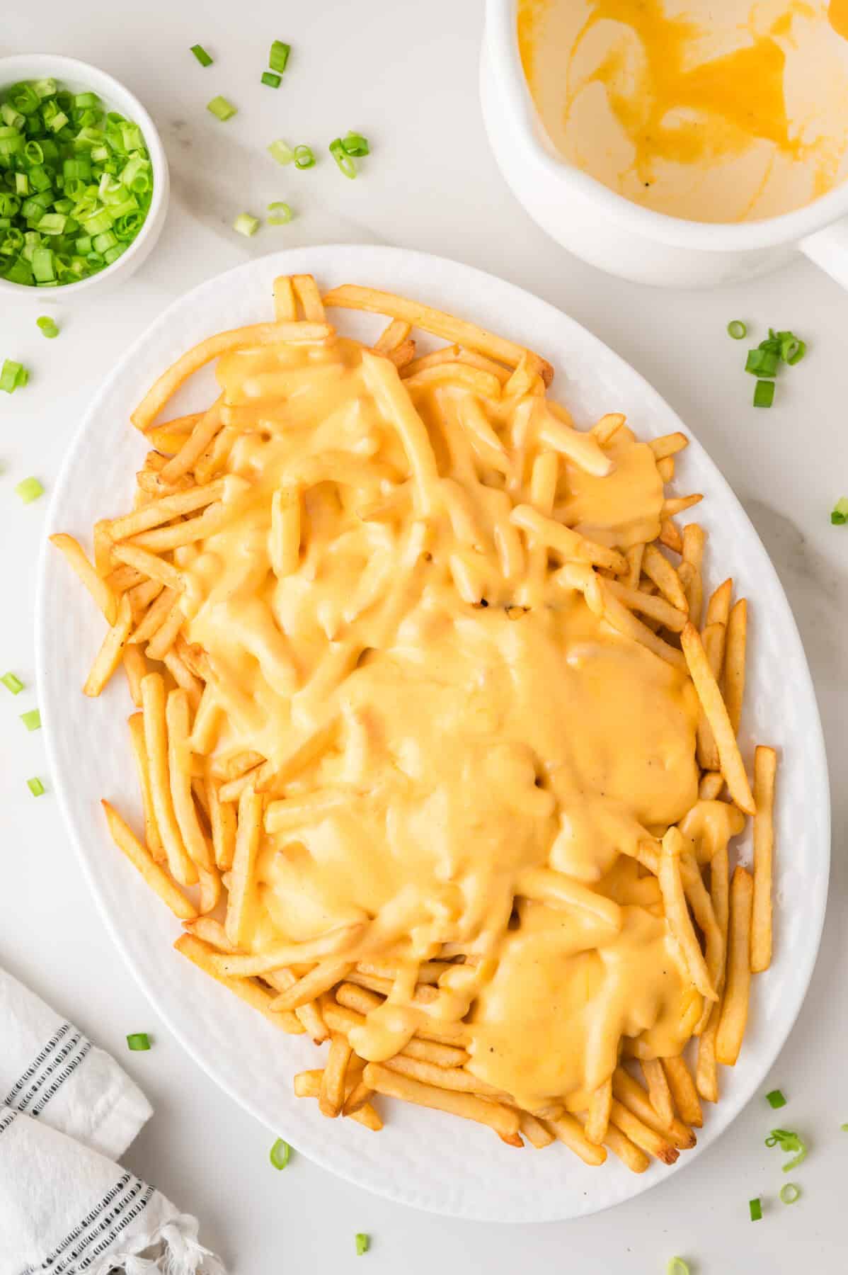 cheesy sauce on fries on a platter
