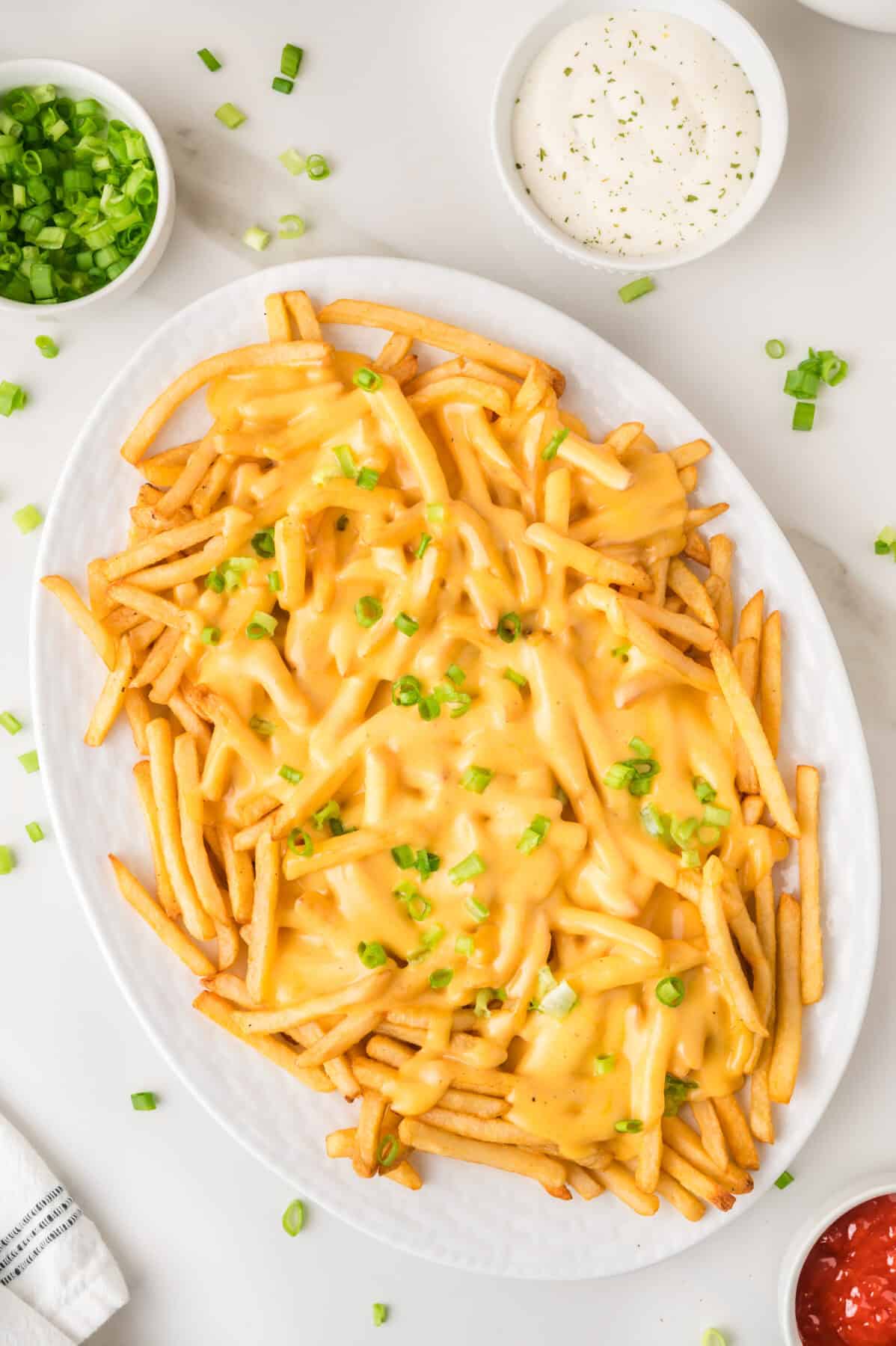 platter of cheesy fries with a sprinkling of green onion