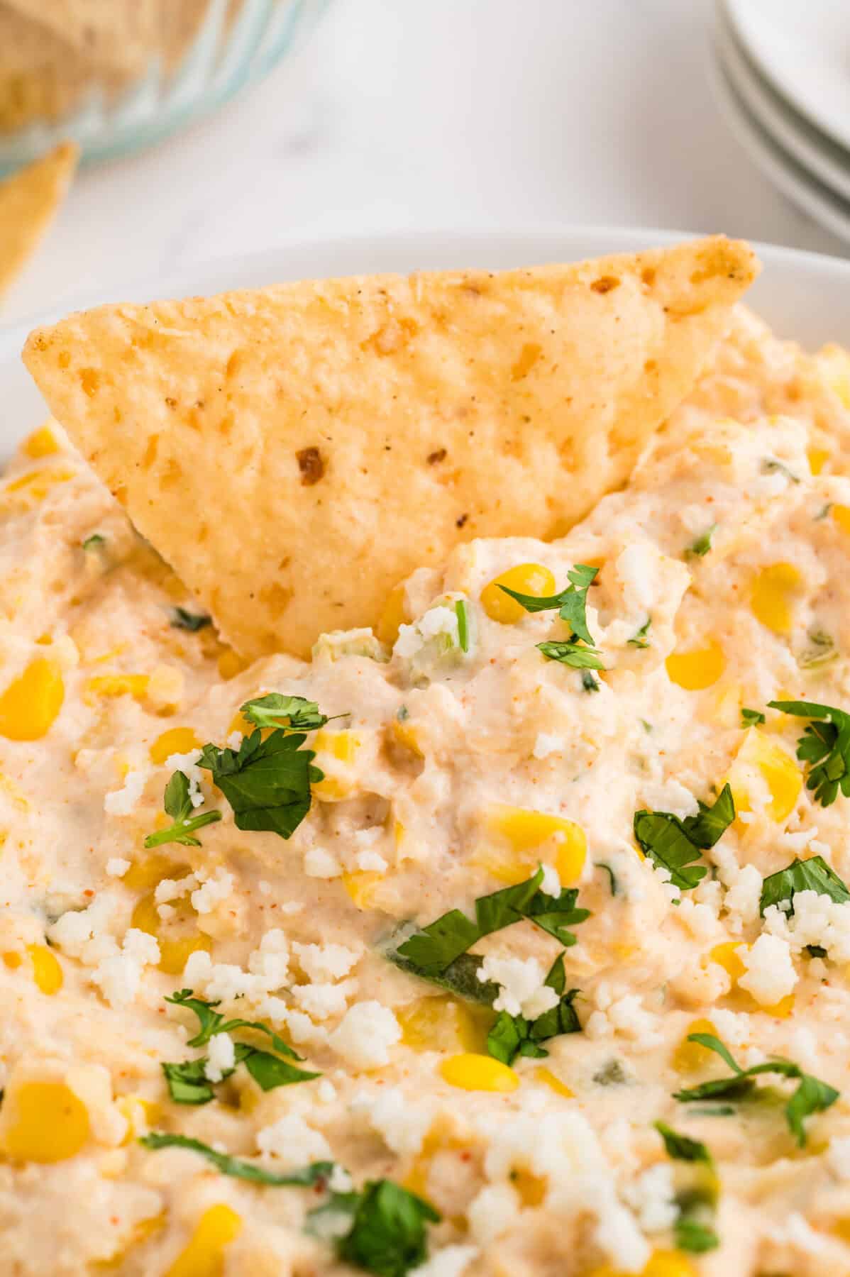 tortilla chip dipped into a bowl of mexican street corn dip